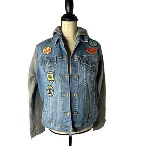Torrid Womens Multicolor Patches Long Sleeve Hooded Denim Jean Jacket Size 0